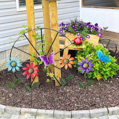 6Pack Metal Flowers for Outside，16.15 Inch Metal Flowers&Colorful Butterfly Decorative Garden Stakes for Spring Decor, Shaking Head Yard Art Garden Decorations for Outdoor Lawn Porch Pathway