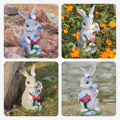 Garden Statues Rabbit with Solar Light,Bunny Outdoor Garden Decor Ornaments for Patio Yard Art,Birthday Gift Easter House Warming Garden for Women Mom,Resin Animal Figurine with Wider Base
