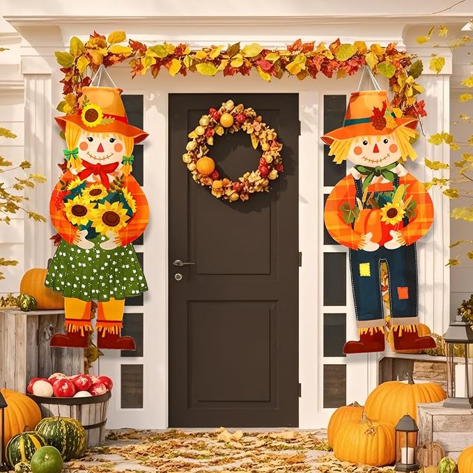NOVWANG 2 Pcs Fall Scarecrow Windsocks, Autumn Outdoor Hanging Flag Fall Scarecrow Hanging Sign Thanksgiving Outside Flag for Yard Lawn Patio Garden Party Decorations
