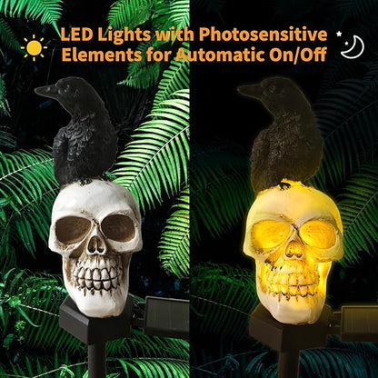QH & Garden Halloween Outdoor Decoration Solar Lights, Waterproof Ghost Lights, Skull Solar Garden Statue with Black Crow on Skull, Skeleton Stakes with LED, Stunning Halloween Decorations