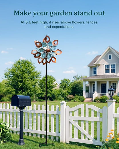 Copper Wind Spinners Outdoor 74 Inches with Solar LED Light, Kinetic Dual Wind Sculptures & Spinners for Yard Lawn Garden Decor, Large Metal Clearance Windmill with Bronze Leaf