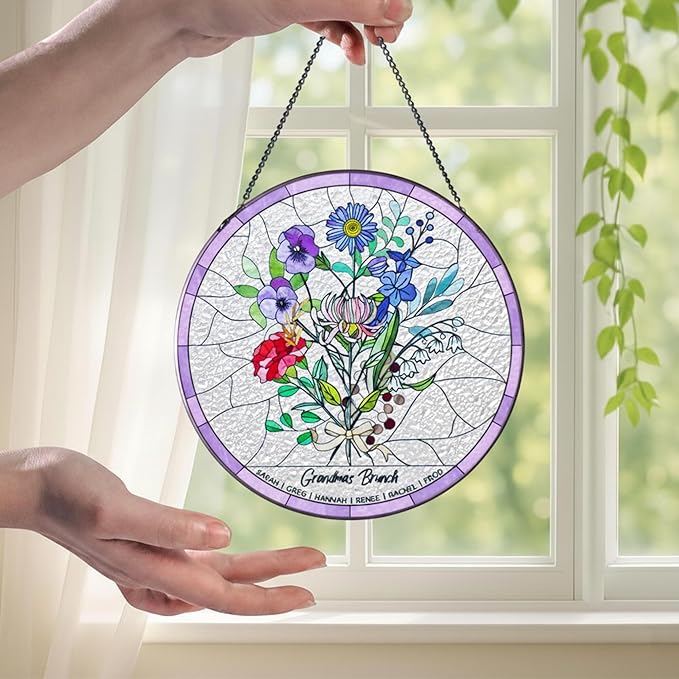 Personalized Grandma Stained Glass Sun Catcher, Custom Birth Month Flower Stained Glass, Grandma's Garden Suncatcher Window Hanging Ornament, Mothers Day Grandma Mom Gifts, Gifts for Nana Mimi 1