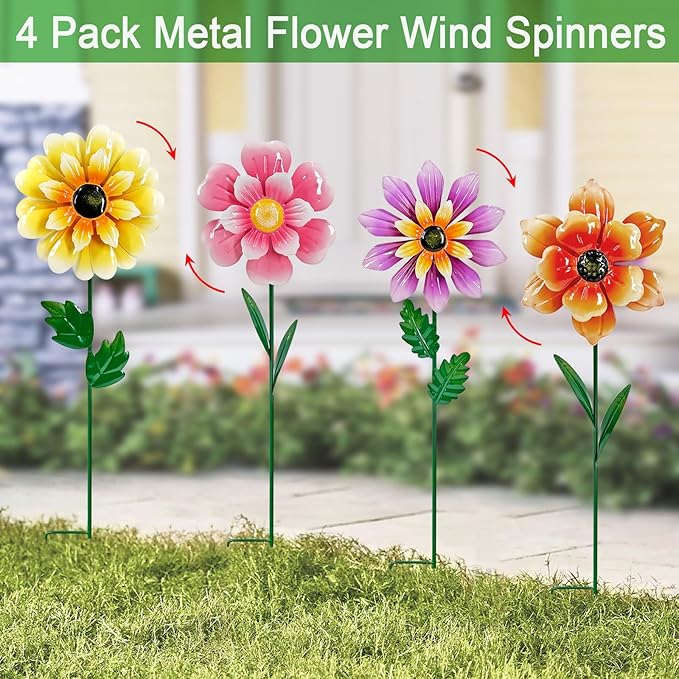 Wind Spinners Garden Decor,4 Pack Colorful Flower Garden Stakes for Outdoor Decorations,Metal Wind Spinner Yard Stake for Patio,Lawn