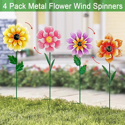 Wind Spinners Garden Decor,4 Pack Colorful Flower Garden Stakes for Outdoor Decorations,Metal Wind Spinner Yard Stake for Patio,Lawn