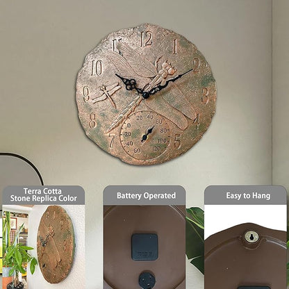 Lily's Home Hanging Wall Clock, Includes a Thermometer, Ideal for Indoor and Outdoor Use, Wonderful Housewarming Gift for Friends, Polyresin