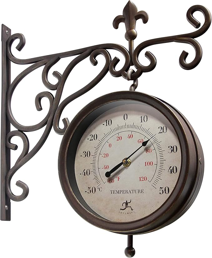 Infinity Instruments Beauregard 8 inch Outdoor Clock Thermometer Combo for Patio Porch Garden Outdoor Decorative Double-Sided Resin Clock Thermometer Wall Hanging with Bracket