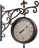 Infinity Instruments Beauregard 8 inch Outdoor Clock Thermometer Combo for Patio Porch Garden Outdoor Decorative Double-Sided Resin Clock Thermometer Wall Hanging with Bracket