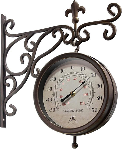 Infinity Instruments Beauregard 8 inch Outdoor Clock Thermometer Combo for Patio Porch Garden Outdoor Decorative Double-Sided Resin Clock Thermometer Wall Hanging with Bracket