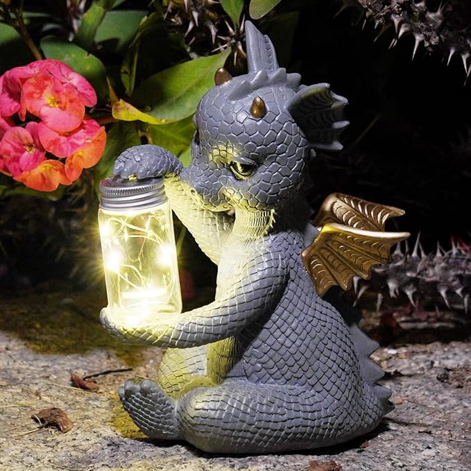 DiliComing Solar Dragon Garden Statues - Cute Dragon Baby Holding a Solar Jar, Outdoor Lawn Décor for Garden Yard, Balcony and Home, for Women
