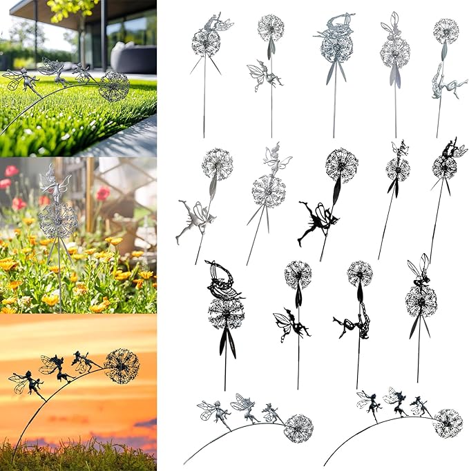 Flower Fairy Dancing with Dandelion Garden Sculpture,Angel Metal Ornaments Stainless Steel Statue Decorations,Wonderland Outdoor Yard Lawn Patio Stakes Sculptures Decor (G)