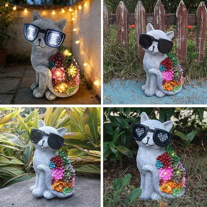 Sharita Solar Cat Garden Decor Statues - with Succulent LED Lights Cat Figurines Gifts for Women Mom Grandma Outdoor Decoration for Patio Yard Lawn