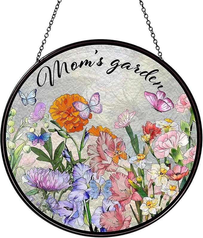 Family Birth Flowers Stained Glass Window Hanging Flower Mom Garden Sun Catcher Decor Gifts for Mom Christmas Suncatchers for Home Windows Hanging Decoration, 7.87inch