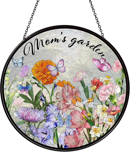 Family Birth Flowers Stained Glass Window Hanging Flower Mom Garden Sun Catcher Decor Gifts for Mom Christmas Suncatchers for Home Windows Hanging Decoration, 7.87inch