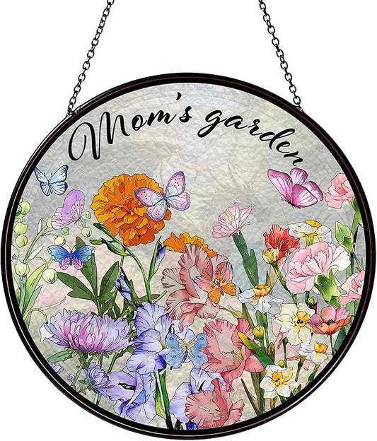 Family Birth Flowers Stained Glass Window Hanging Flower Mom Garden Sun Catcher Decor Gifts for Mom Christmas Suncatchers for Home Windows Hanging Decoration, 7.87inch