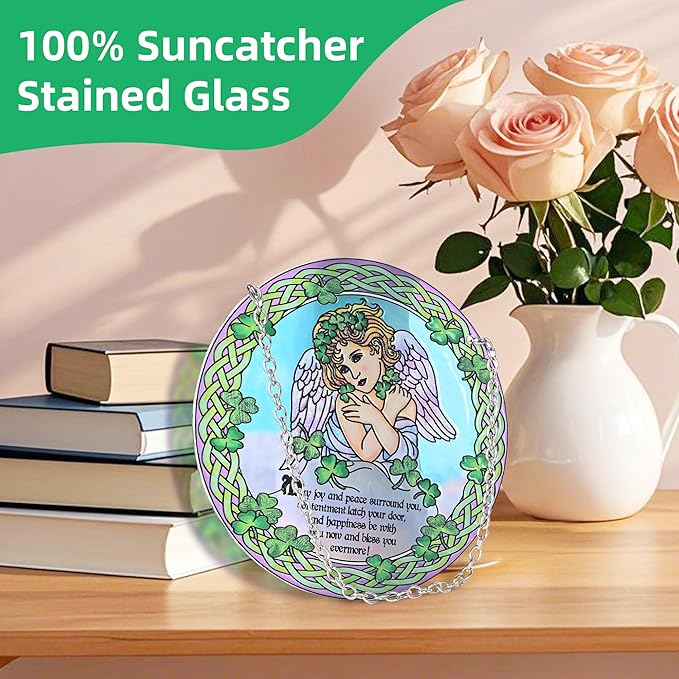Stained Glass Angel Suncatcher Window Hanging Ornament for Home and Garden Decor 100% Real Glass with Elegant Angel Design Gift for Mom and Loved Ones.