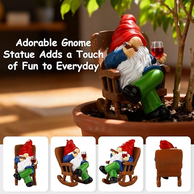 Toncoke Garden Gnomes for Outdoor, 7 Inch Gnomes Decorations for Yard, Gnome Garden Decor for Home Patio Lawn, Gnomes Gifts for Women Spring Summer Christmas Halloween (Rocking Chair & Wine Glass)