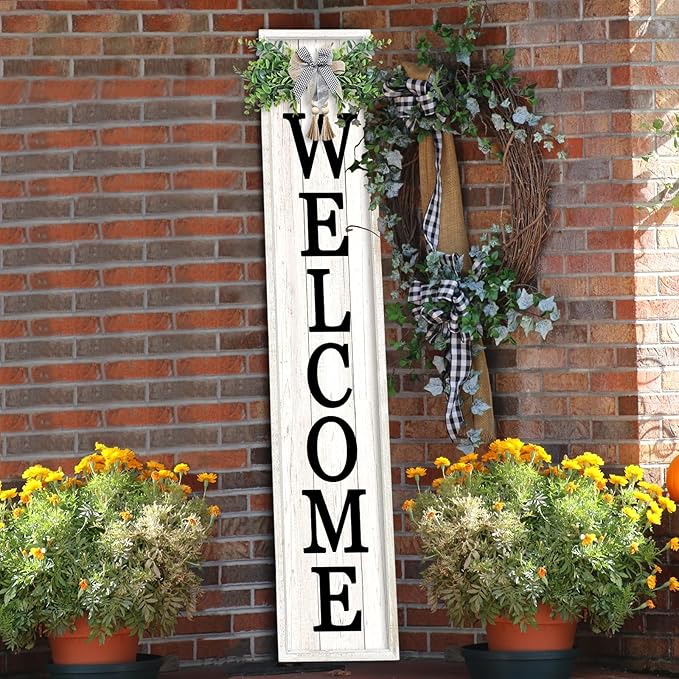flowtorely Outdoor Welcome Sign for Front Porch Standing 45"×9" Tall Vertical Wood Frame Front Door Long Leaner farmhouse Outside Rustic Large Welcome Signs Vintage Home Decorations (White)