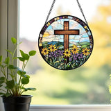 DASTOLL Christian Gifts for Women - Cross Stained Glass Window Hanging Easter Yellow Purple Wildflowers Sun Catcher Garden Religion Decor Mother's Day Catholic Gift for Men Grandma Nana Her Mom 15"
