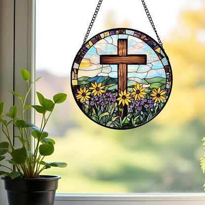 DASTOLL Christian Gifts for Women - Cross Stained Glass Window Hanging Easter Yellow Purple Wildflowers Sun Catcher Garden Religion Decor Mother's Day Catholic Gift for Men Grandma Nana Her Mom 11.8"