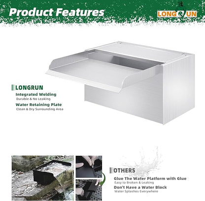 Longrun Pond Waterfall Box with Pump Kit, 304 Stainless Steel Pond Spillway with 396 GPH 1500L/H Pump for Ponds, Pond Spillway Color-Changing LED Light Strip for Garden Waterfall (9.06")
