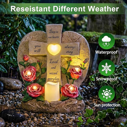 MXwcy Memorial Garden Stone Cross with LED Lights - Sympathy Gift, Bereavement & Remembrance for Loss of Loved One, Outdoor Indoor Grave Marker Decoration, Weatherproof Resin Heart Rose Design
