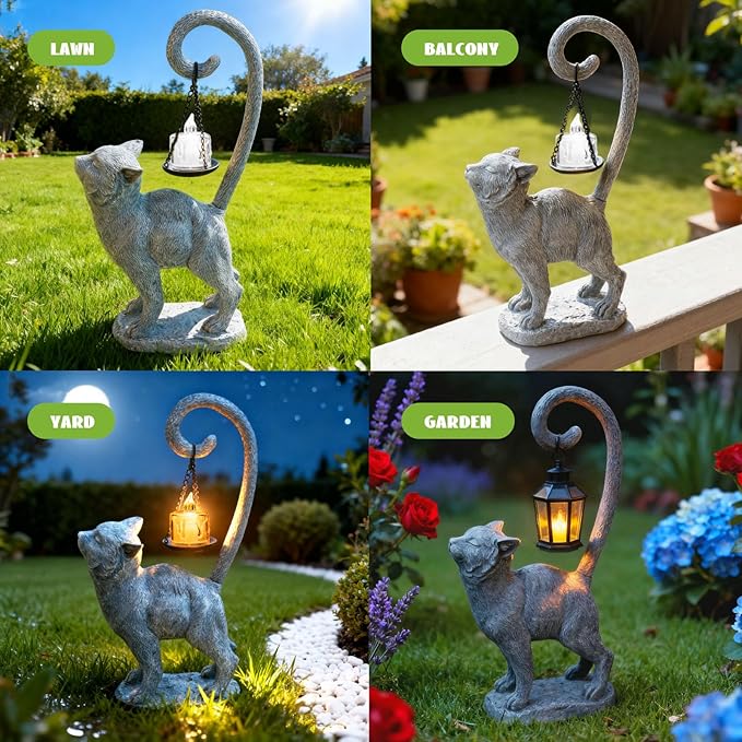 Standing Cat Garden Statue Candle Holder for Outdoor Garden Patio and Indoor Decor for Cat Lovers Women and Home Ambiance Grey Stone