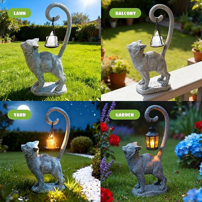 Standing Cat Garden Statue Candle Holder for Outdoor Garden Patio and Indoor Decor for Cat Lovers Women and Home Ambiance Grey Stone