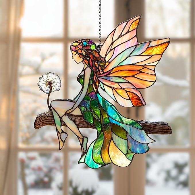 Cute Fairy Acrylic Suncatcher, Boho Suncatchers for Window Hanging Ornament, Stained Glass Effect Indoor Outdoor Garden Decor for Cottagecore Lover, Gifts for Mother's Day, Mom, Grandma, Wife, Women