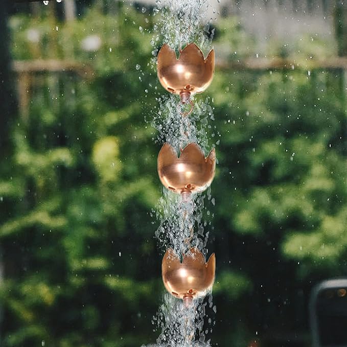 Topadorn Rain Chains Lotus Decor 8.5 Feet Rain Chain with 11 Tulip Shaped Copper Cups, Mental Antique Gold Rain Chain Basin Downspout