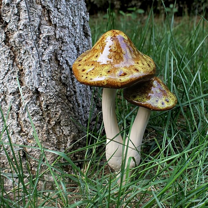 Ceramic Mushroom Outdoor Decor-2pcs Mushroom Statue Decor for Garden, Lawn, Fairy Garden Stakes 8.27'' in Height