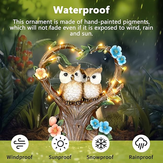 Owl Statue with Solar Lights Outdoor Decor, Resin Owls Figurines for Garden Patio Lawn Decorations, Christmas Birthday Gifts for Women Friends (7.6Inches)