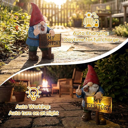 Lavezee Funny Garden Gnome, Middle Finger Gnomes Statue with Solar Lighted Sign – “My Territory” for Patio Backyard Porch Outdoor, Humorous Housewarming Gifts for Men Dad Husband
