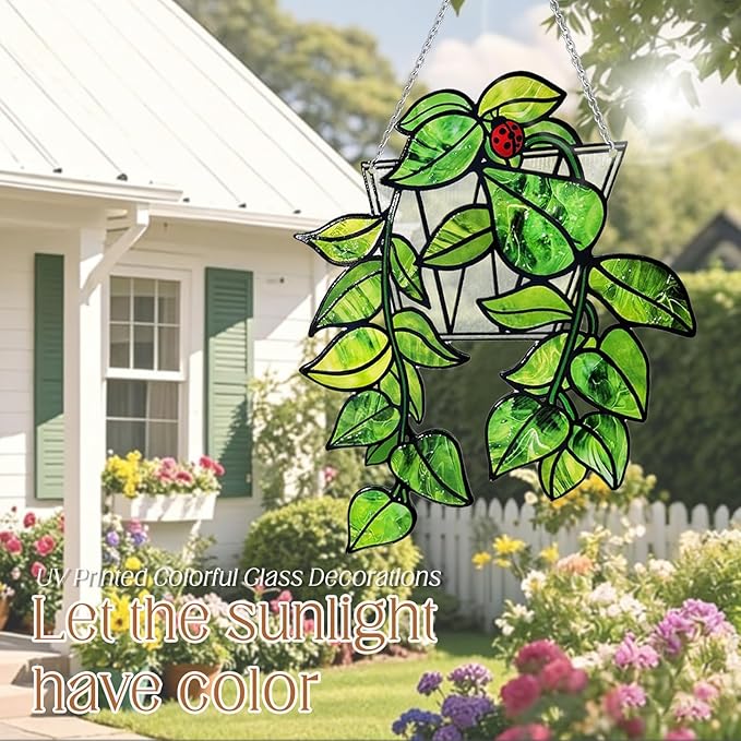 Stained Glass Suncatchers for Windows, 9 in Hanging Sun Catchers Indoor Window, Hanging Plant Decor for Home Indoor Outdoor, Plant Lover Gifts (UV Printed)