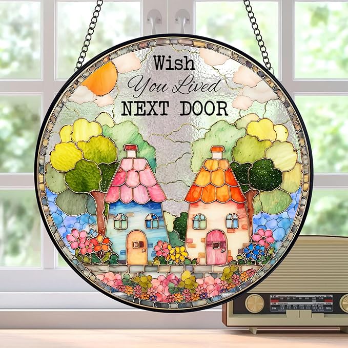FIVITY Stained Glass Window Hanging 7.8" Wish You Lived Next Door Suncatcher Couple Friendship Stained Glass Ornament Long Distance Housewarming Valentines Moving Away Gift for Women Men Soulma