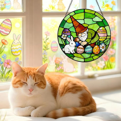 Funoasis Stained Glass Window Hanging Suncatcher - 6.3 Inches Easter Eggs and Rabbit Gnome Ornaments Sun Catcher Home Decor Spring Decoration