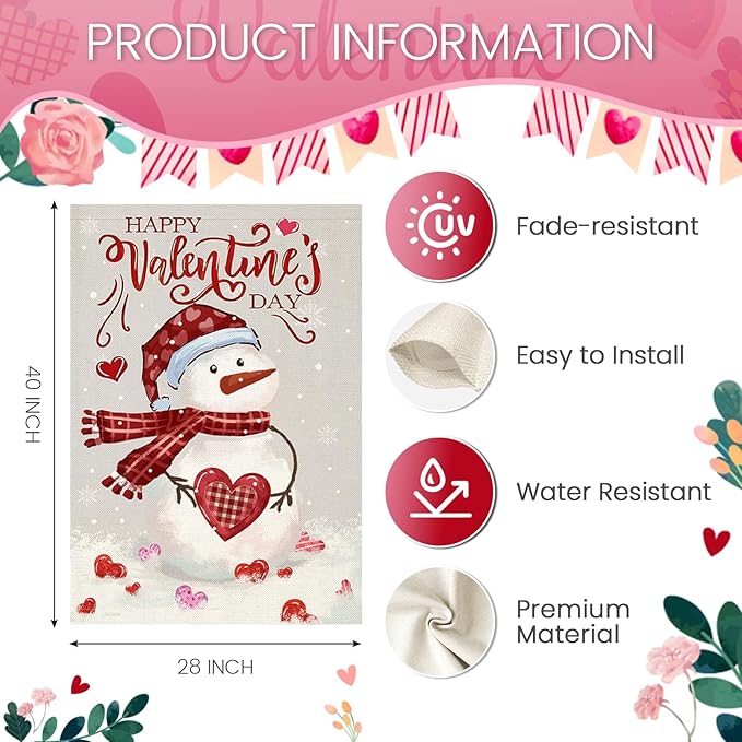 Happy Valentine’s Day House Flags for Outdoor Decoration, Watercolor Snowman with Love Hearts Large Yard Flag,Seasonal Decorative Decor for Holiday Anniversary Wedding Outside 28x40 Inch Double Sided