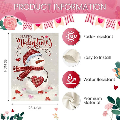 Happy Valentine’s Day House Flags for Outdoor Decoration, Watercolor Snowman with Love Hearts Large Yard Flag,Seasonal Decorative Decor for Holiday Anniversary Wedding Outside 28x40 Inch Double Sided