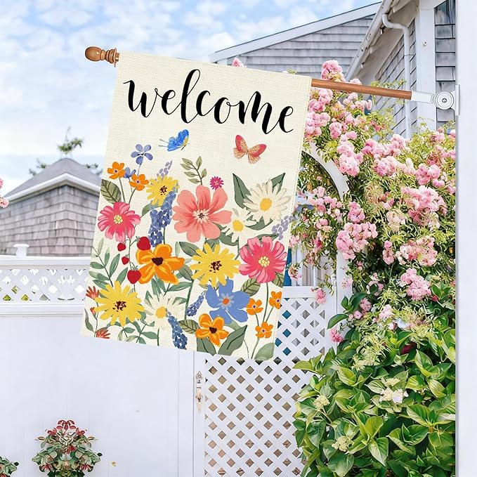 Baccessor Spring Summer Welcome House Flag Double Sided 28x40 Inch Burlap,Floral Butterflies Large Garden Flag Porch Patio Front Entry Yard Seasonal Farmhouse Outside Outdoor Decor