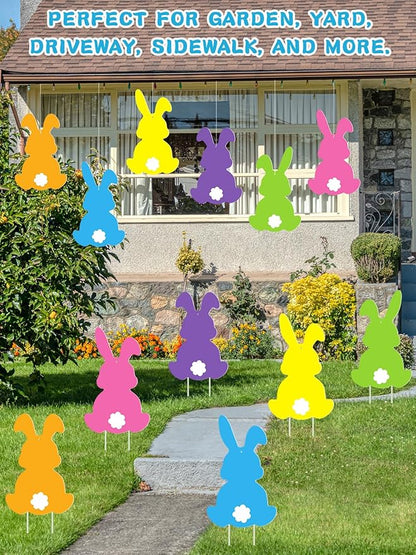 12Pcs Easter Yard Signs Outdoor Decorations Pastel Easter Bunny shaped Yard Signs with Stakes Cute Colorful Bunny Yard Decorations for Garden Lawn Home Party Supplies (12 Pcs Bunnies)