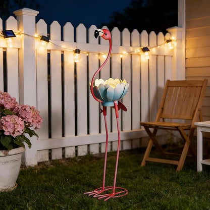 Glitzhome Solar Flamingo Garden Statue, 26.25 Inch Metal Outdoor Solar Light with Colorful Sculpture and Blue Bowl, Weather-Resistant Solar-Powered Decor for Yard, Patio, Lawn