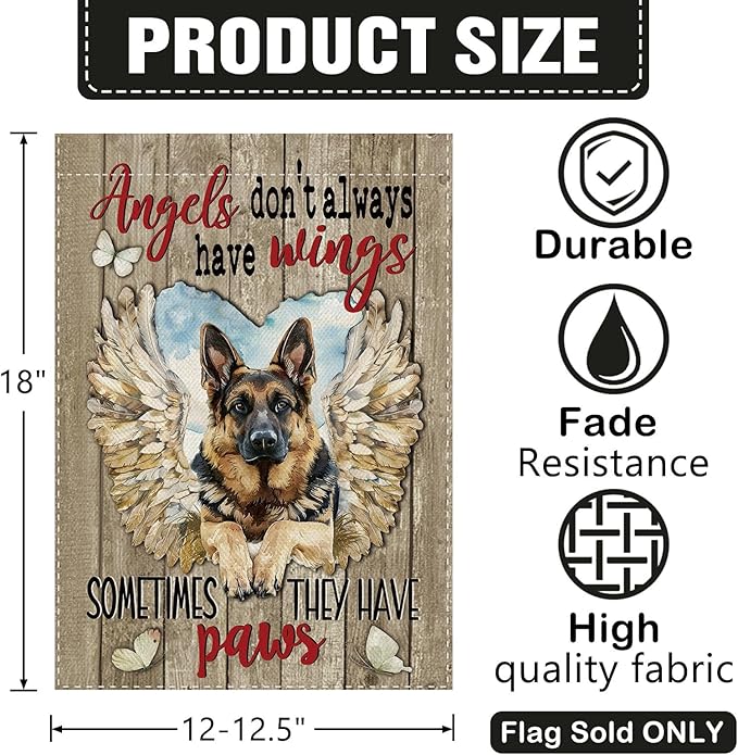 Dyrenson Memorial German Shepherd Dog Garden Flag, Angels Don't Always Have Wings Cemetery Yard Outside Home Decoration Gifts for Loss of Dog, Pet Farmhouse Outdoor Small Decor Double Sided 12 x 18