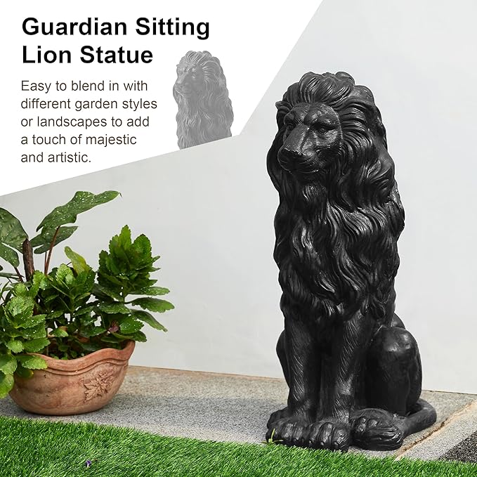 Glitzhome Guardian Sitting Lion Garden Statue MGO Outdoor Decoration, 27.75" H, Black