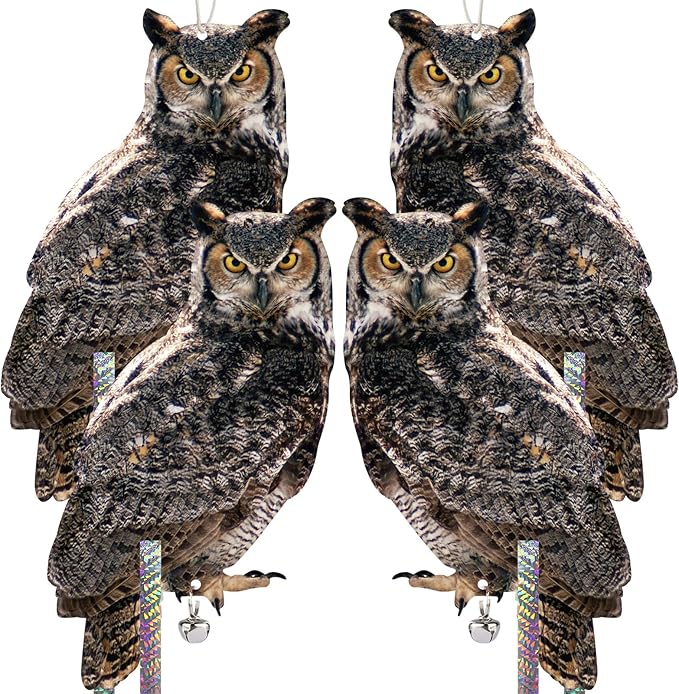 4PCS Fake Owl to Keep Pigeon Away from Balcony Hanging Flat Garden Owls with Reflective Tape Plastic Owl to Scare Squirrel for Outdoor Garden House Window Patio Yard Front Porch Backyard