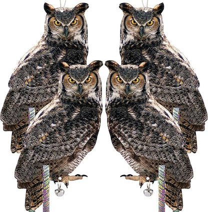4PCS Fake Owl to Keep Pigeon Away from Balcony Hanging Flat Garden Owls with Reflective Tape Plastic Owl to Scare Squirrel for Outdoor Garden House Window Patio Yard Front Porch Backyard