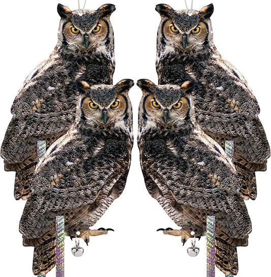 4PCS Fake Owl to Keep Pigeon Away from Balcony Hanging Flat Garden Owls with Reflective Tape Plastic Owl to Scare Squirrel for Outdoor Garden House Window Patio Yard Front Porch Backyard