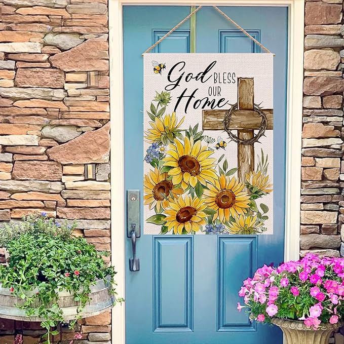 God Bless Our Home Spring Summer Easter Decorative House Flag, Religious Cross Sunflower Floral Garden Yard Outside Decorations, Inspirational Fall Autumn Outdoor Large Home Decor 28 x 40