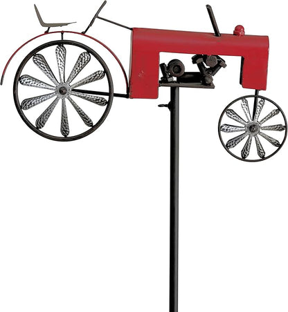 Americana Garden Stake, Red Farm Tractor, Turning Wheels, Vintage Finish, Artisan Crafted, Iron, Hammered Wheel Spoke Details, Single Prong, 51 Inches Tall