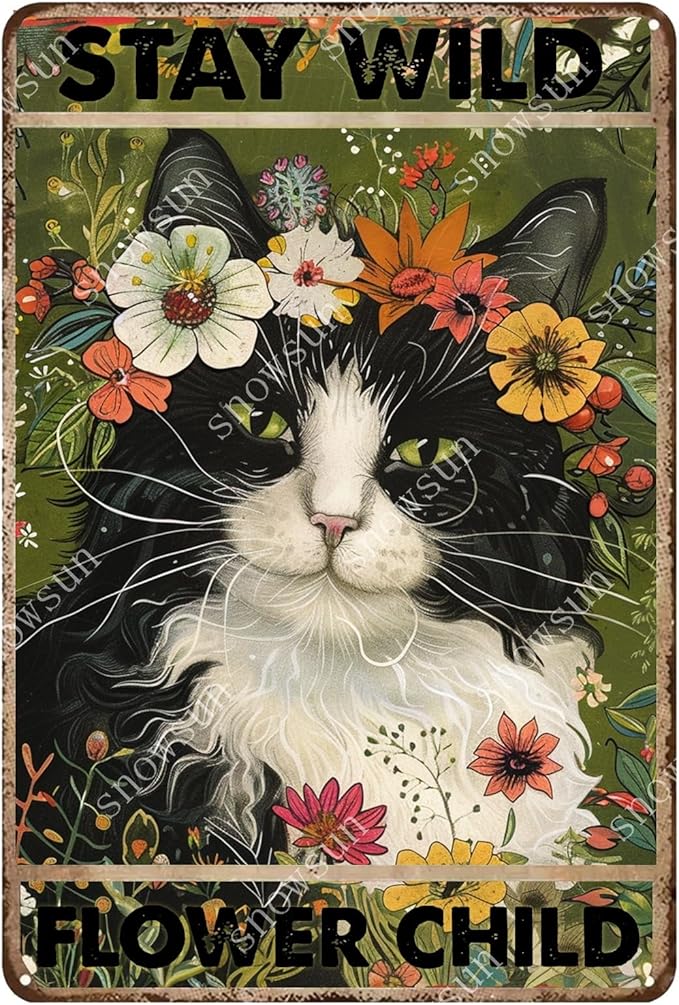 snowsun Vintage Metal Signs Cat Stay Wild Flower Child Funny Tin Sign Home Decor Wall Plaque for Living Room Bedroom Garden Yard Cafe Garage 8×12 Inches