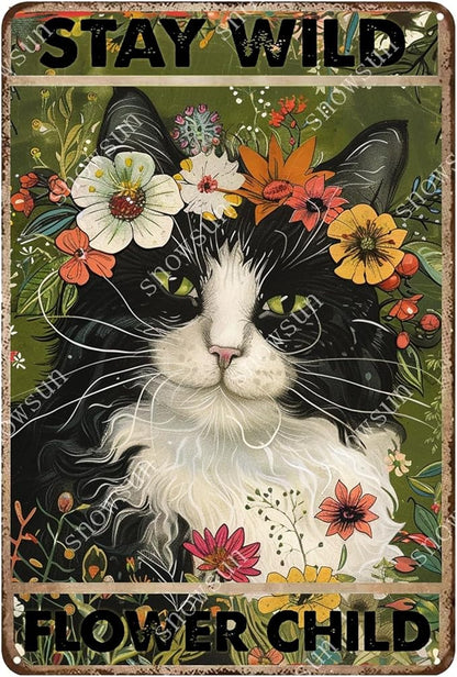 snowsun Vintage Metal Signs Cat Stay Wild Flower Child Funny Tin Sign Home Decor Wall Plaque for Living Room Bedroom Garden Yard Cafe Garage 8×12 Inches