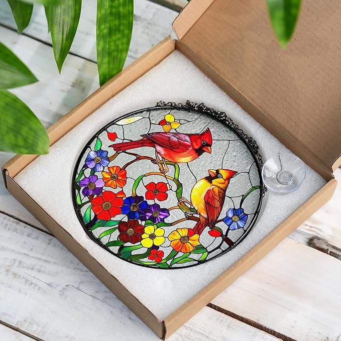 Cardinal Stained Glass Suncatcher for Window Hanging, Red Birds Home Decor, Stained Glass Cardinal Ornament for Bird Lovers, Mom, Grandma, Memorial and Sympathy Gift